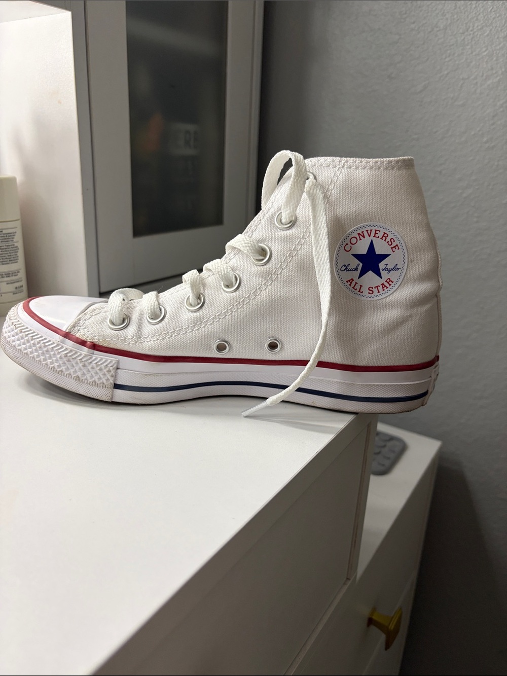 Converse White High Top Sneakers with Red & Blue Accents, worn maybe twice!